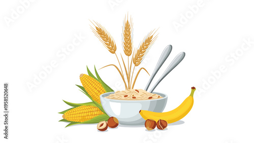 Nutritious breakfast scene featuring a bowl of oatmeal cereal with ears of wheat corn cobs a fresh banana and whole hazelnuts on white.