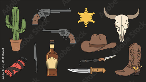 Collection of classic wild west icons including revolvers sheriff badge cowboy hat boots cactus and whiskey bottle on a dark background.