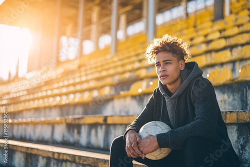 Young football player sitting on stadium bleachers holding soccer ball,Athlete sitting alone on bleachers holding football in sunlight,Sports concept with soccer player sitting on bleachers 