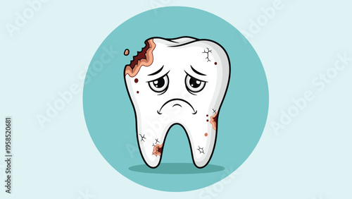 Cute but sad cartoon tooth character with visible decay and cracks standing against a blue circle background to promote dental health.