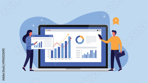 Male and female professionals analyzing various business data charts and financial graphs on a giant laptop screen in flat vector style.