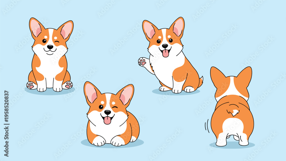 Fototapeta premium Adorable corgi dog shown in four different playful poses including sitting lying down waving a paw and a back view on a blue background.