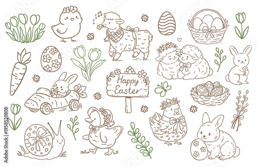 Fotografie Easter coloring page set, cute spring animals outline illustration with bunny ch