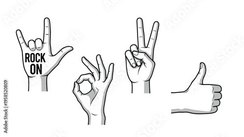 Set of four human hand gestures in black and white line art including rock on ok sign peace symbol and a classic thumbs up for success.