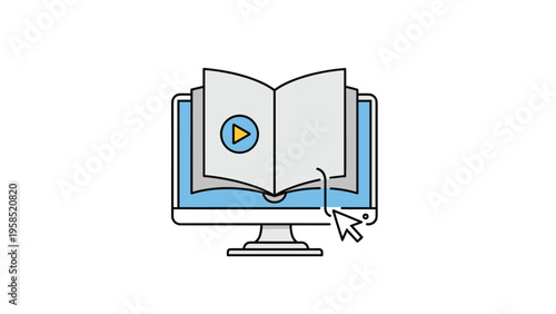 Digital education concept icon featuring an open book displayed on a computer monitor with a play button and a cursor arrow for learning.