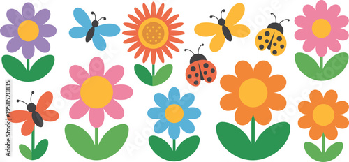 Flat vector illustration set of colorful spring flowers butterflies and ladybugs icons for garden nature design and kids education.