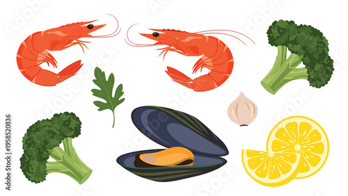 Selection of healthy seafood and vegetable ingredients including fresh shrimp a blue mussel broccoli florets garlic and lemon slices.