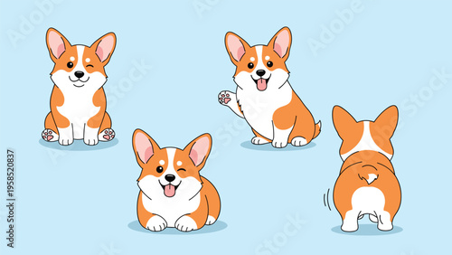Adorable corgi dog shown in four different playful poses including sitting lying down waving a paw and a back view on a blue background.