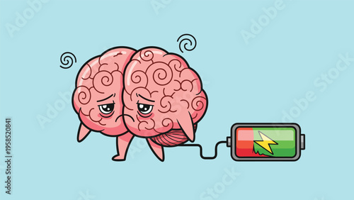 Humorous illustration of a tired human brain character feeling exhausted while being plugged into a battery to recharge its energy levels.