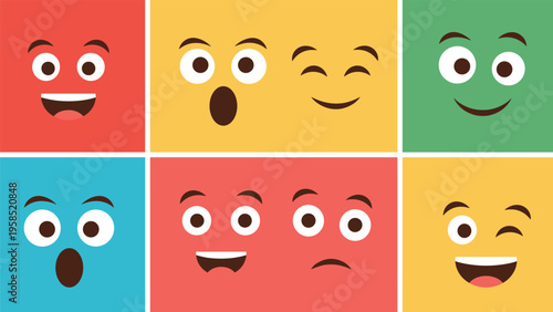 Grid of six colorful square blocks each featuring a different simple emoji face expressing emotions like happiness surprise and winking.