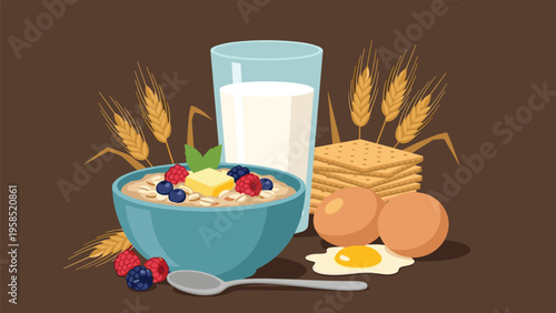 Delicious healthy breakfast spread including a bowl of oatmeal with berries butter milk crackers eggs and wheat on a brown background.