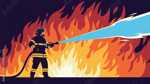 Brave firefighter in full protective gear aiming a high pressure water hose at a massive wall of raging orange and red flames at night.