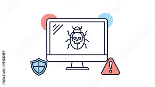 Desktop computer monitor displaying a skull and bug icon surrounded by security symbols representing a cyber threat or malware infection.