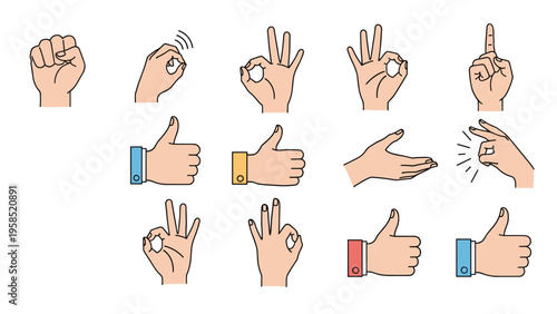 Collection of various human hand gestures including thumbs up, pointing, okay sign, fist, and palm for non-verbal communication concepts.
