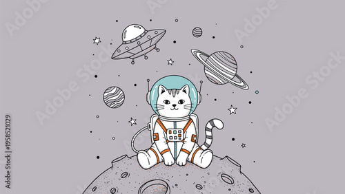 Whimsical space themed illustration featuring a cute cat astronaut sitting on a cratered moon surrounded by planets a UFO and stars.