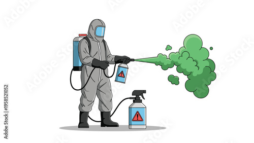 Professional specialist in a full hazmat protective suit spraying green disinfectant gas to sanitize an area against biological hazards.