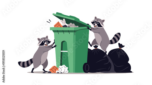 Pair of mischievous raccoons scavenging for food in a green urban trash bin surrounded by black garbage bags on a white background.