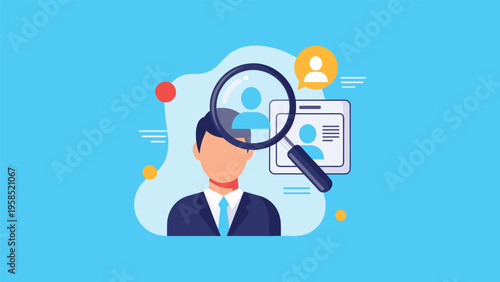 Recruitment and vetting concept with a magnifying glass zooming in on a businessman silhouette and a personal identification card icon.