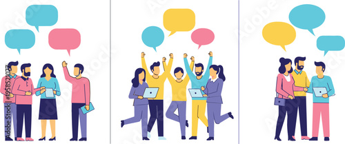 Flat vector illustration set of diverse business teams collaborating with speech bubbles celebrating success and working together on laptops in office.