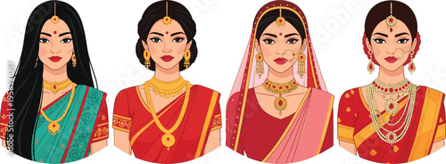 Flat vector illustration set of beautiful Indian women portraits wearing traditional red and teal sarees with elegant gold jewelry and bridal accessories.