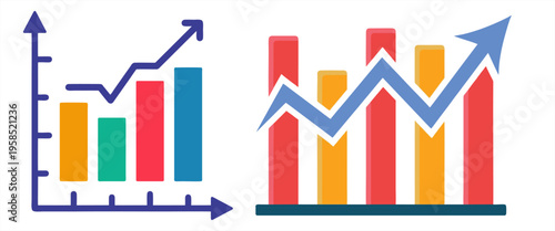 Business growth chart and bar graph illustration with upward arrow. Data analysis and financial success concept