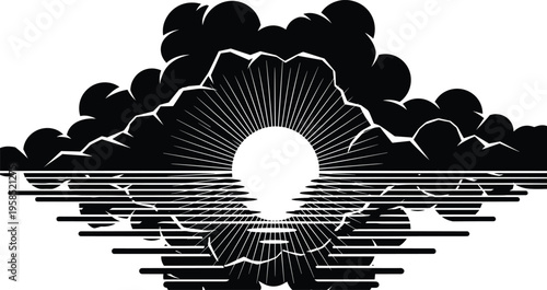 Black and white of sun rising behind clouds over water 1