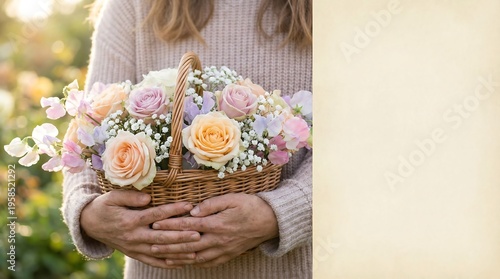 Woman Holding a Beautiful Wicker Basket Full of Freshly Cut Colorful Spring Flowers in a Garden with a Blank Copyspace for Seasonal Greeting Messages