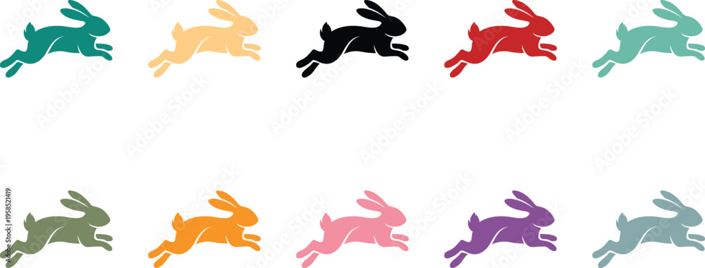 Fototapeta premium Jumping Rabbit Silhouette Colorful Collection on White Background, Dynamic Rabbit Silhouette Set Vibrant Colors