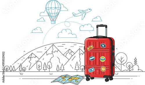 Red suitcase with travel stickers in front of mountains and airplane hot air balloon