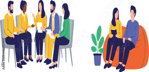 Flat vector illustration set of young women and girls in various casual outfits including dresses and skirts with cute trendy fashion accessories and hairstyles.