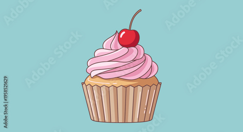Delicious cupcake with pink frosting and a cherry on top against a blue background