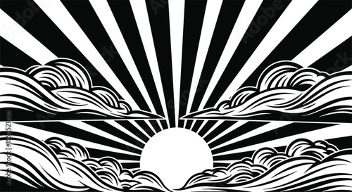 Black and white of sun rising behind wavy clouds sunburst