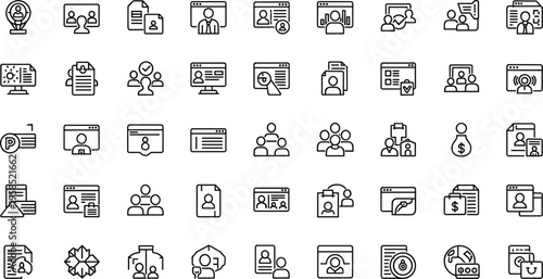 User profile and account management line icon set featuring identity verification team collaboration CRM and customer data