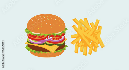 Delicious hamburger with fries perfect for fast food and meal concepts