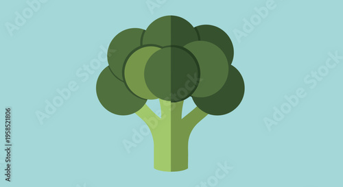 Fresh green broccoli illustration on light blue background flat design