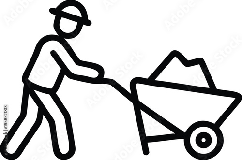 Silhouette of a man pushing a shopping cart with wheels and dollar sign symbols