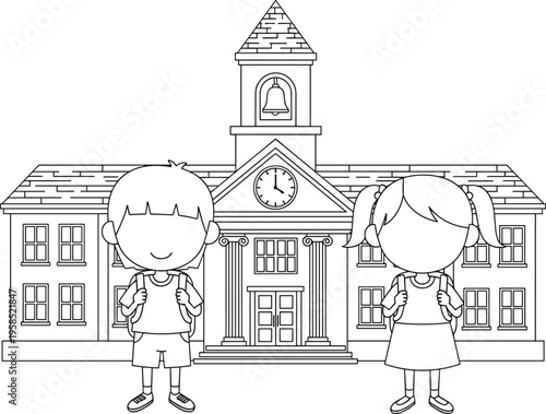 Two children standing in front of a school building cartoon line black and white