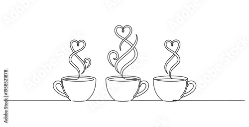 Minimalist continuous line art illustration showcasing three steaming coffee cups with heart shaped vapor rising above each beverage for love and warmth