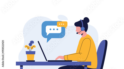 Customer support representative wearing headset works on laptop with chat bubbles indicating online communication services.