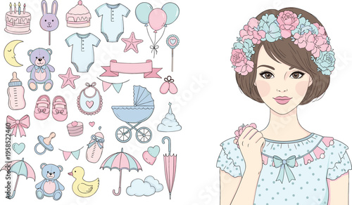 Illustration of a Girl with a Floral Headband and Baby Shower Icons, Featuring Cute Pastel-Themed Accessories for Baby Girls