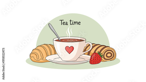 Cozy tea time illustration with a cup of hot tea, fresh croissants, chocolate rolls, and a ripe red strawberry on a plate.