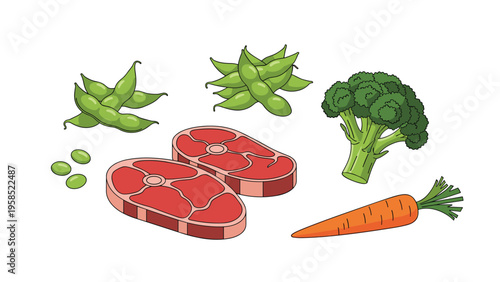 Selection of healthy food items including fresh beef steaks, green broccoli, edamame beans, and a crunchy orange carrot.
