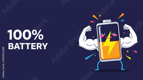 Strong battery character with muscular arms showing 100 percent power level representing high energy and full charge.
