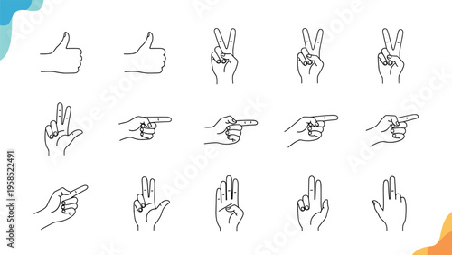 Collection of human hand gestures showing various signs like thumbs up, peace sign, pointing, and counting on white.
