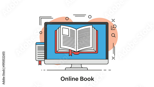 Illustration of a computer monitor displaying an open digital book with the text online book underneath it.