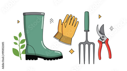 Set of essential gardening tools including a green boot yellow gloves a garden fork and red pruning shears.