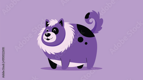 Cute and plump purple dog with black spots and a long fluffy tail standing against a light purple background.