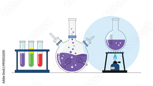 Laboratory setup featuring test tubes in a rack and large flasks containing boiling purple liquid on a burner.