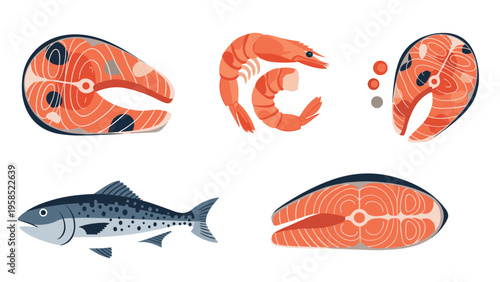 Assortment of fresh seafood including salmon fillets a whole fish and cooked shrimps isolated on white.