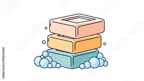 Three bars of soap in pink orange and green colors stacked on top of each other with bubbles at the bottom.